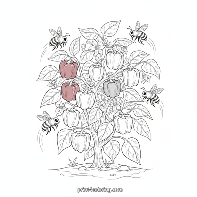 Honeybees in the Bell Pepper Patch: A Vibrant Harvest - free printable coloring page