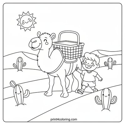 Sunny Desert Picnic with a Helpful Camel - free printable coloring page