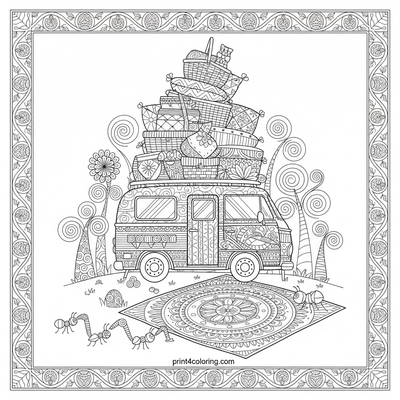 Whimsical Wanderer's Patterned Picnic Paradise - free printable coloring page