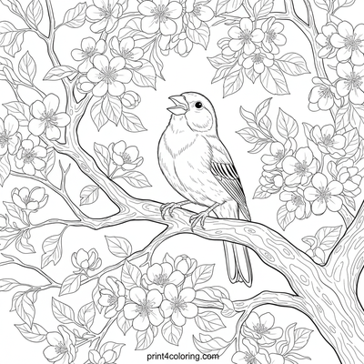 Canary's Spring Melody: Blooming Apple Tree - free printable coloring page