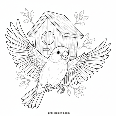 Golden Flight to Home: Intricate Canary & Birdhouse - free printable coloring page