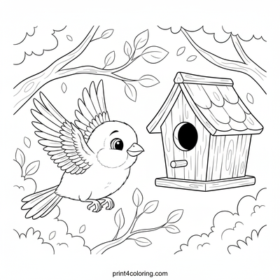 Golden Canary's Cozy Birdhouse Flight - free printable coloring page