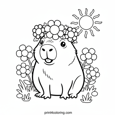 Capybara's Sunny Flower Crown - free printable coloring page