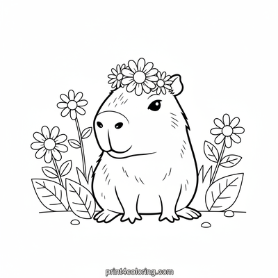 Capybara's Cheerful Flower Crown - free printable coloring page