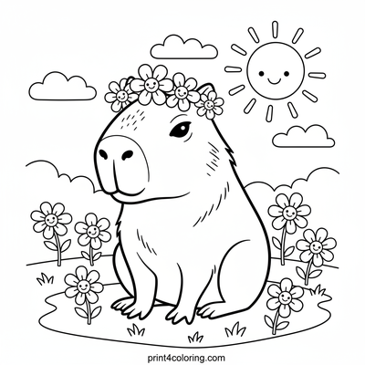 Sunny Capybara's Meadow Crown - free printable coloring page