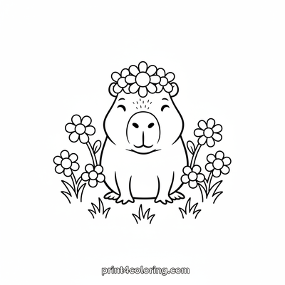 Capybara's Blooming Crown - free printable coloring page