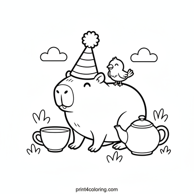 Capybara's Tiny Hat Tea Party - free printable coloring page