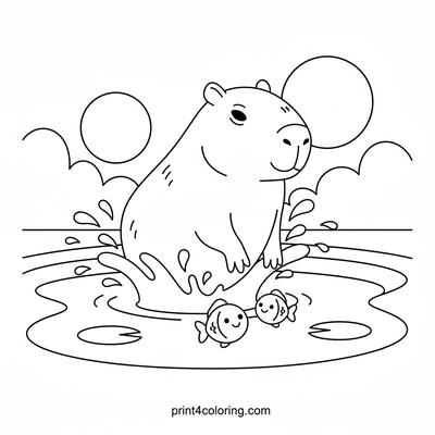 Happy Capybara Pond Splash - free printable coloring page