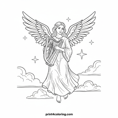 Angel's Heavenly Harp Serenade - free printable coloring page