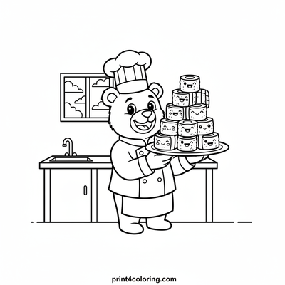 Chef Bear's Wobbly Sushi Tower - free printable coloring page