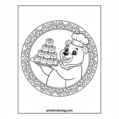 Chef Bear's Silly Sushi Tower - free printable coloring page