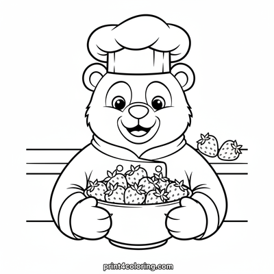 Chef Bear's Sweet Strawberry Delight - free printable coloring page