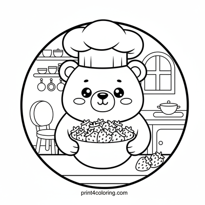 Chef Bear's Sweet Strawberry Harvest - free printable coloring page