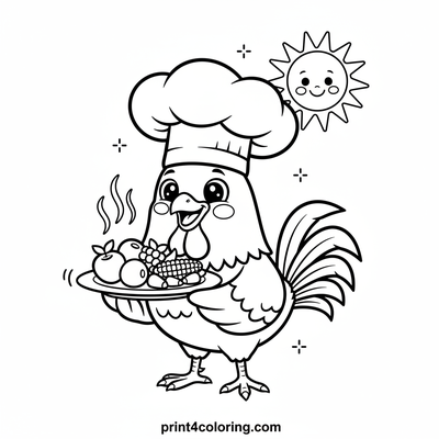 Chef Rooster's Berry & Corn Delight - free printable coloring page