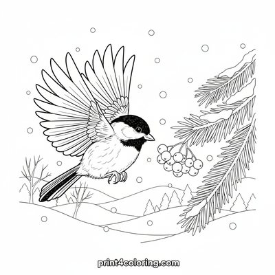 Winter Chickadee's Berry Feast - free printable coloring page