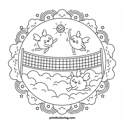 Whimsical Cloud Kingdom Volleyball - free printable coloring page