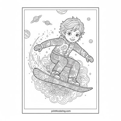 Cosmic Cloud Surfer's Stardust Descent - free printable coloring page