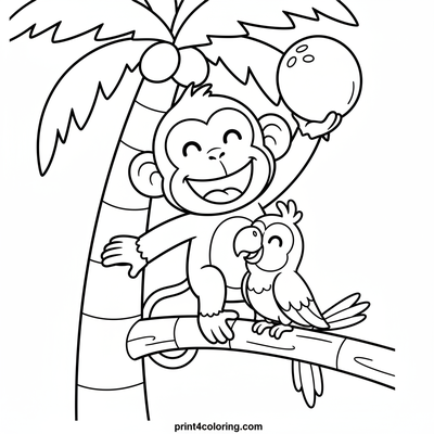 Mischievous Monkey's Coconut Climb - free printable coloring page