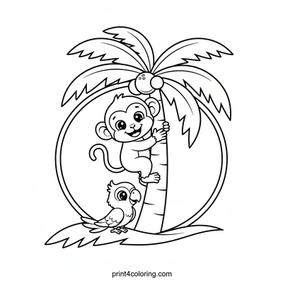 Grinning Monkey's Coconut Adventure - free printable coloring page