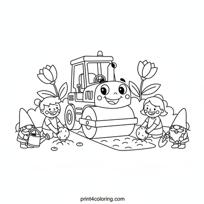 The Busy Garden Steamroller - free printable coloring page