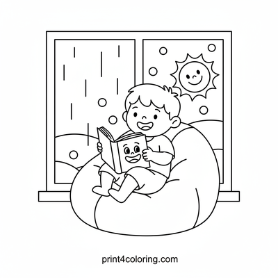 Happy Reader's Rainy Retreat - free printable coloring page