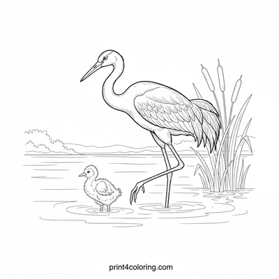 Lakeside Serenity: Crane Family's Gentle Stroll - free printable coloring page