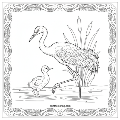 Graceful Crane Family Lakeside Stroll - free printable coloring page