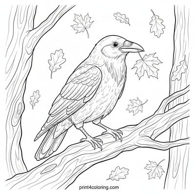 Autumn Crow's Leafy Prize - free printable coloring page