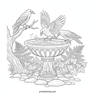 Crows' Refreshing Bird Bath Splash - free printable coloring page