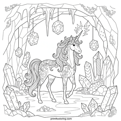 Mystical Crystal Cave Unicorn - free printable coloring page