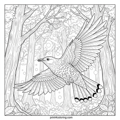 Majestic Cuckoo's Forest Flight - free printable coloring page