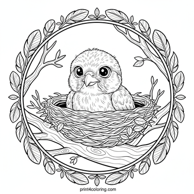 Curious Baby Falcon in Patterned Nest - free printable coloring page