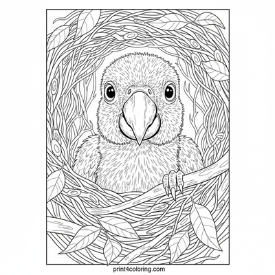 Curious Macaw Chick's Rainforest Peek - free printable coloring page