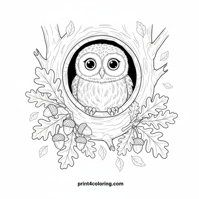 Curious Gaze: Baby Owl in Oak Tree Hollow - free printable coloring page