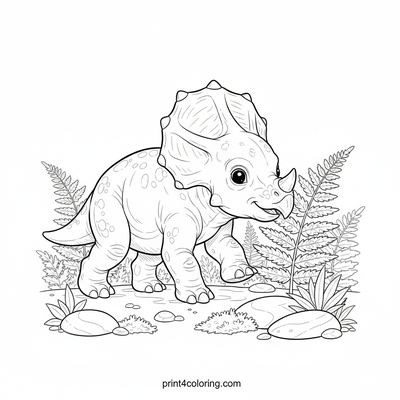 Curious Baby Triceratops Explores the Ancient Fern Forest - free printable coloring page
