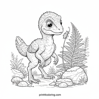 Curious Baby Velociraptor's Tiny Friend - free printable coloring page