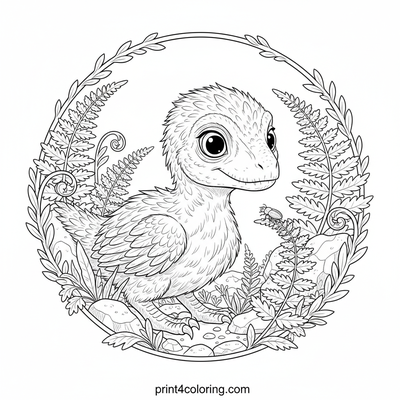 Curious Velociraptor Chick's Ferny Discovery - free printable coloring page