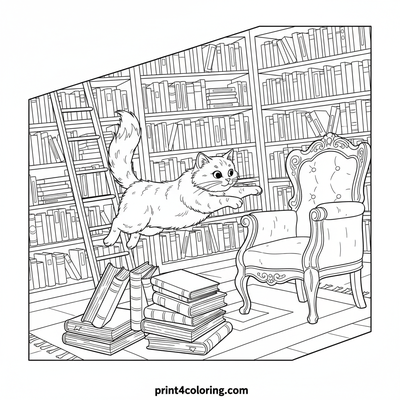 Curious Cat's Grand Bookstore Leap - free printable coloring page