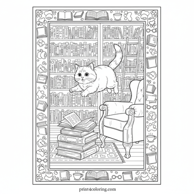 Curious Cat's Grand Bookstore Leap - free printable coloring page