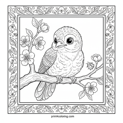 Curious Cuckoo Chick's Blossom Perch - free printable coloring page