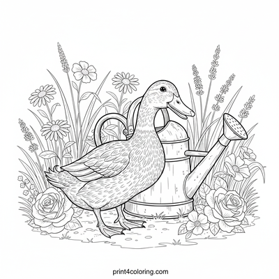 The Inquisitive Duck and the Watering Can - free printable coloring page