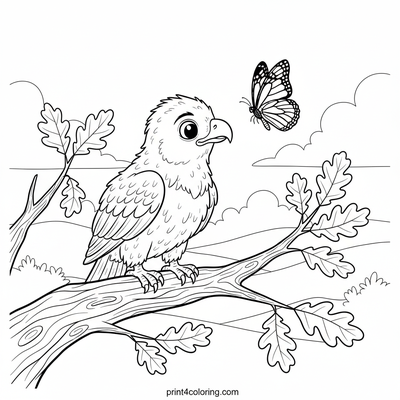 Curious Fledgling Eagle and the Monarch - free printable coloring page