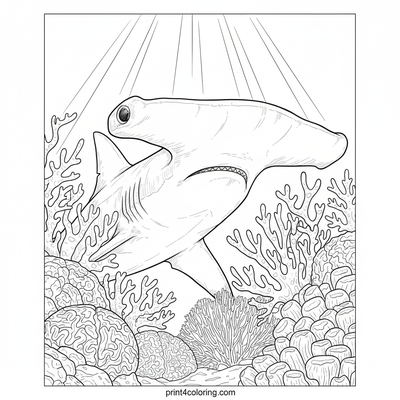 Curious Hammerhead's Coral Encounter - free printable coloring page
