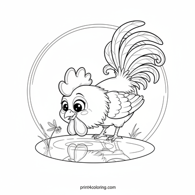 The Puzzled Rooster's Puddle Reflection - free printable coloring page