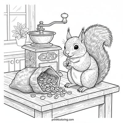 Curious Squirrel's Coffee Bean Adventure - free printable coloring page