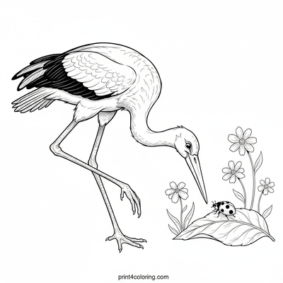 Gentle Giant Meets Tiny Friend: Curious Stork and the Ladybug - free printable coloring page