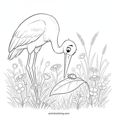 A Stork's Gentle Gaze at a Ladybug Friend - free printable coloring page