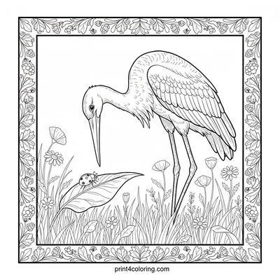 Stork's Gentle Gaze: A Ladybug Encounter - free printable coloring page