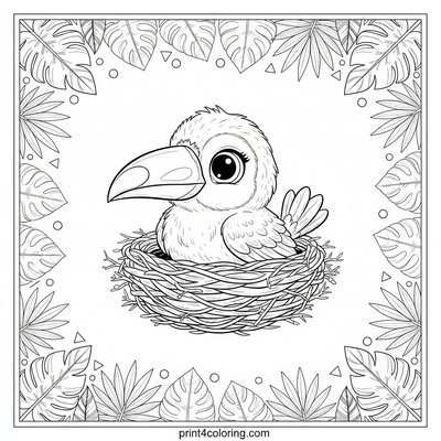 Curious Toucan Chick in a Leafy Pattern Nest - free printable coloring page