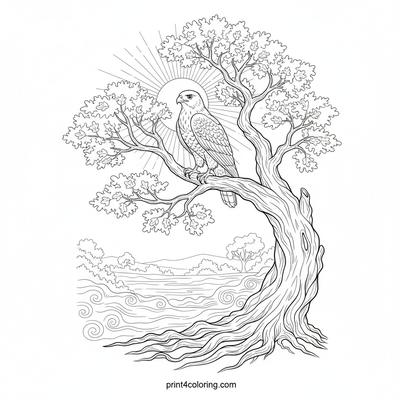 Majestic Dawn Hawk Over Misty Valley - free printable coloring page